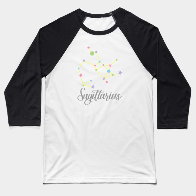 Sagittarius Zodiac Constellation in Rainbow Pastels Baseball T-Shirt by Kelly Gigi